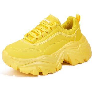 👑Women Sneaker Comfortable Yellow Lace-Up Athletic Casual Platform Walking Shoe